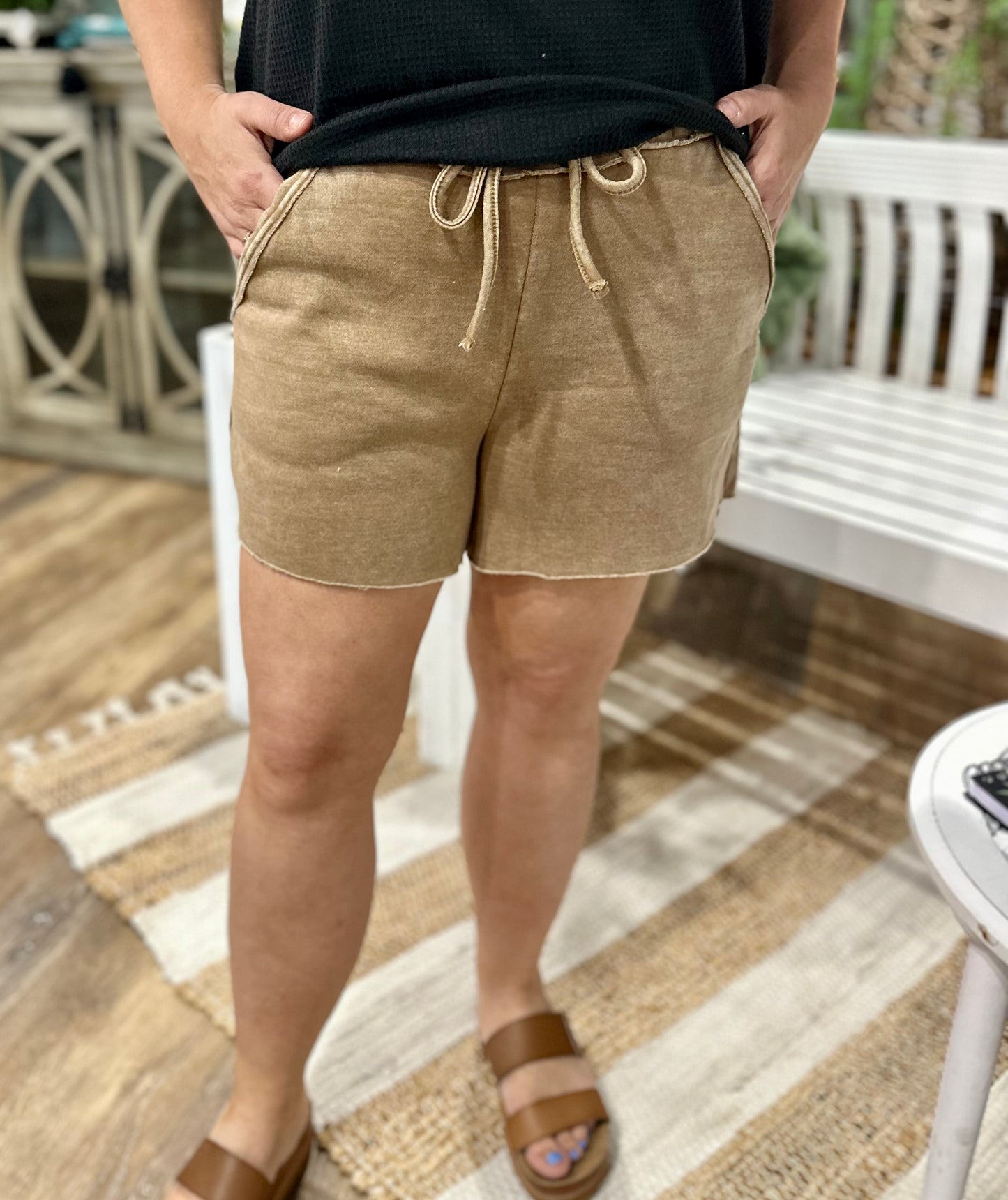 Acid Wash Fleece Drawstring Shorts With Pockets