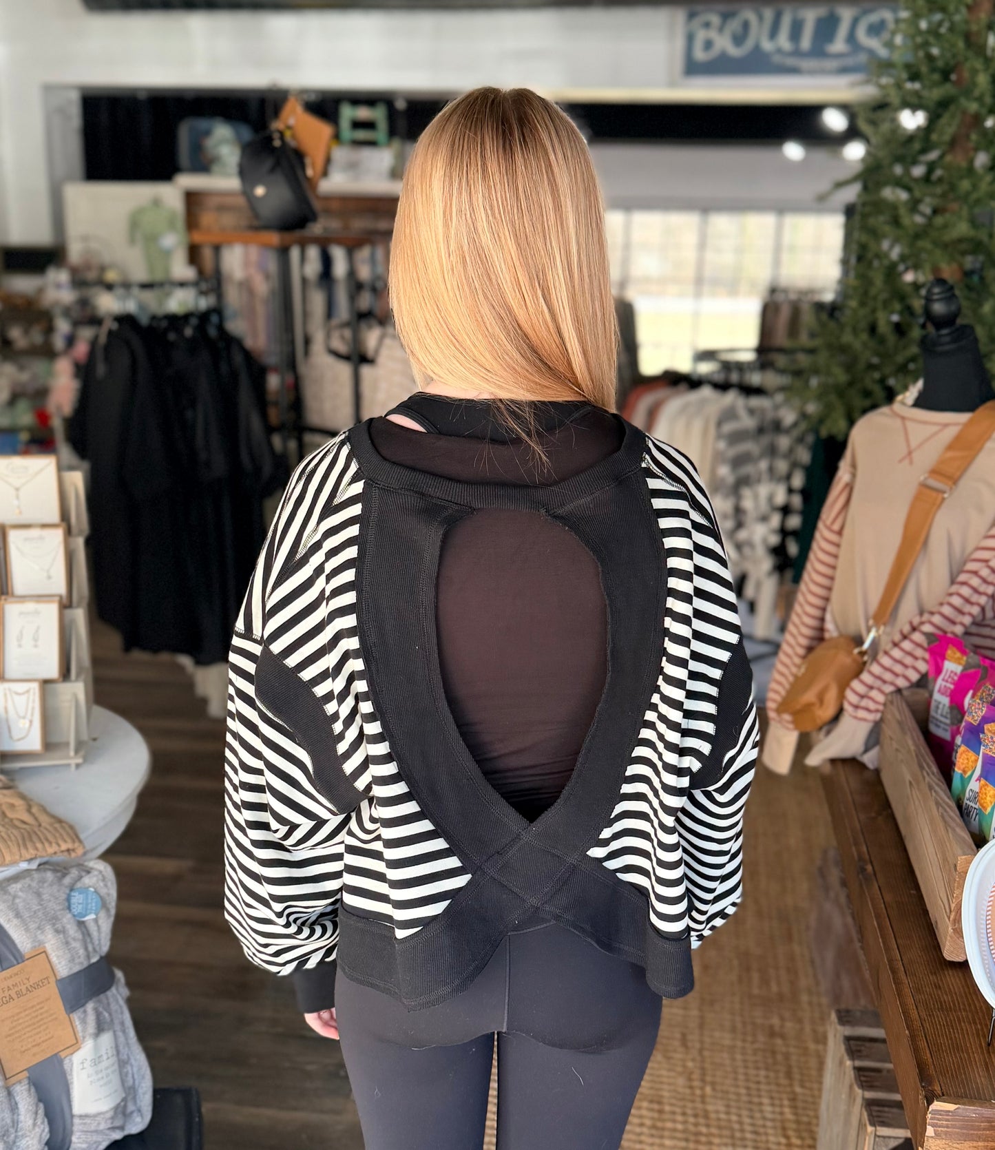 Striped Open Back Long Sleeve Top