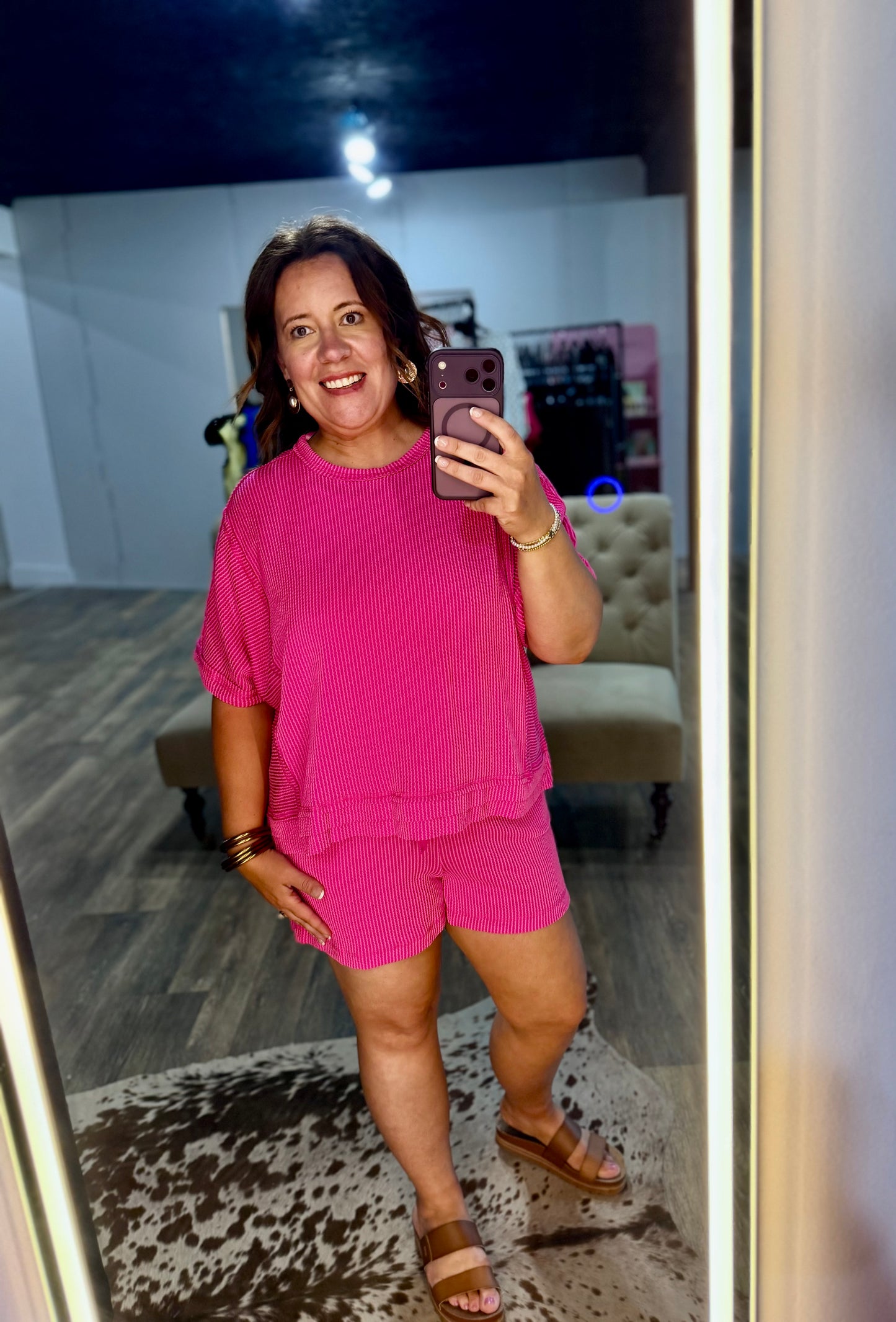 Pink ribbed shorts set