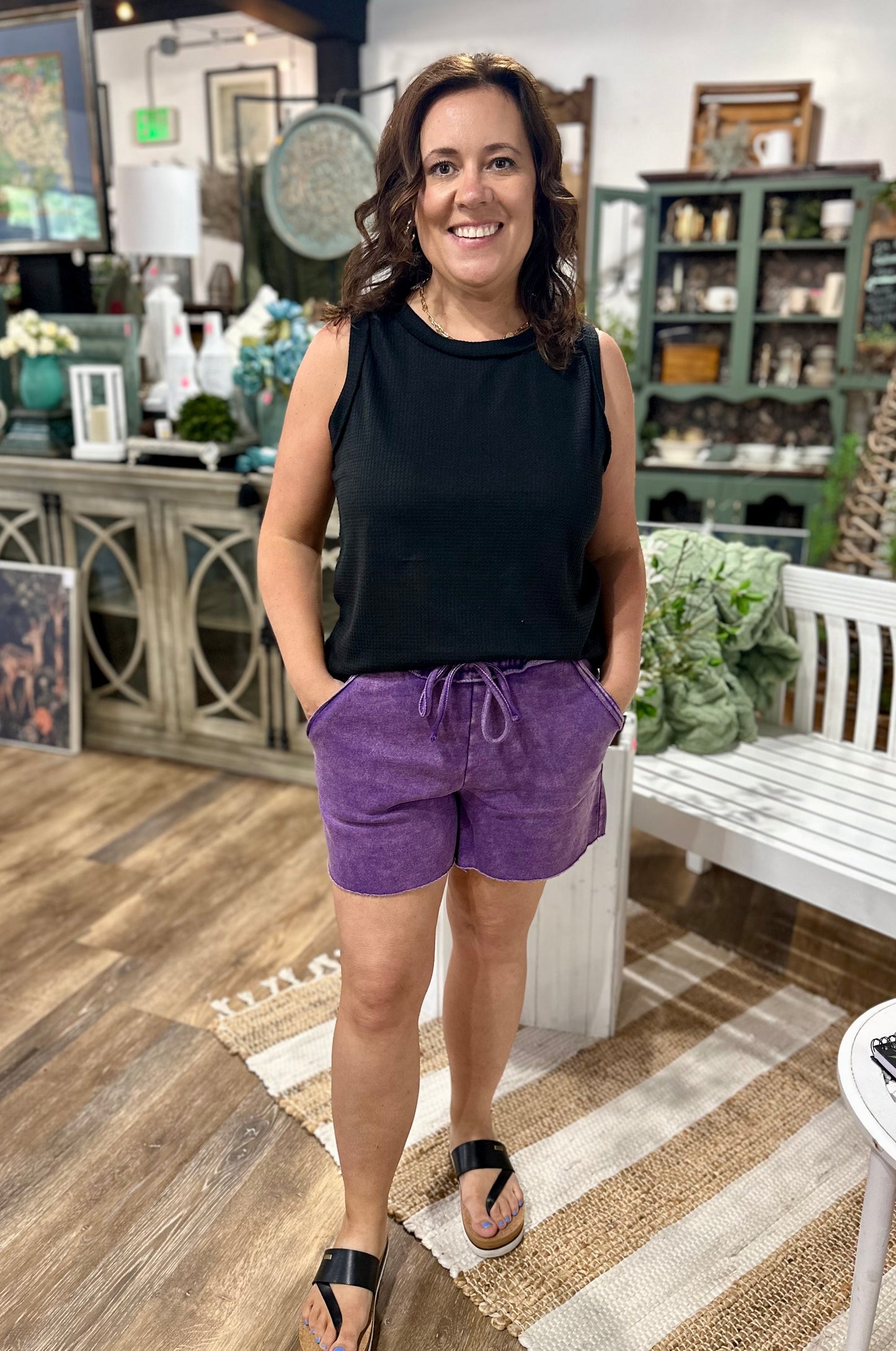 Acid Wash Fleece Drawstring Shorts With Pockets
