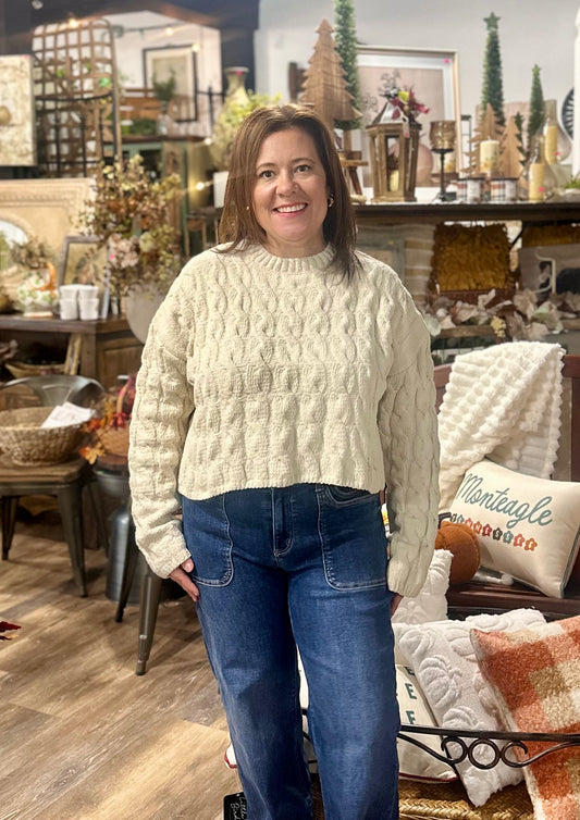 Textured Crew Neck Cable Knit Sweater