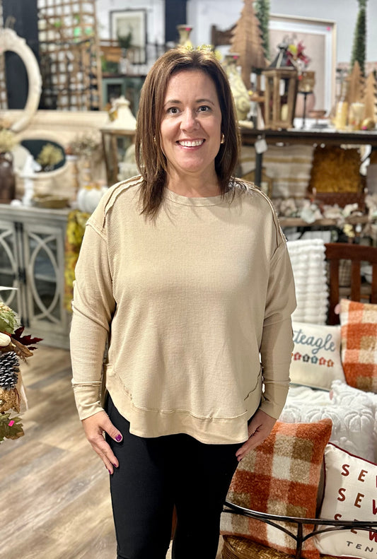 Mineral Washed Elbow Patch Contrast Knit Top