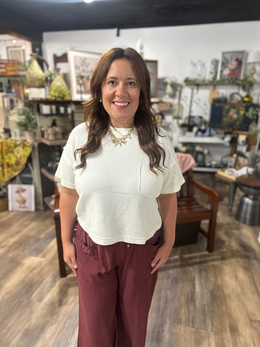 Washed Ribbed Short Sleeve Tee With Pocket