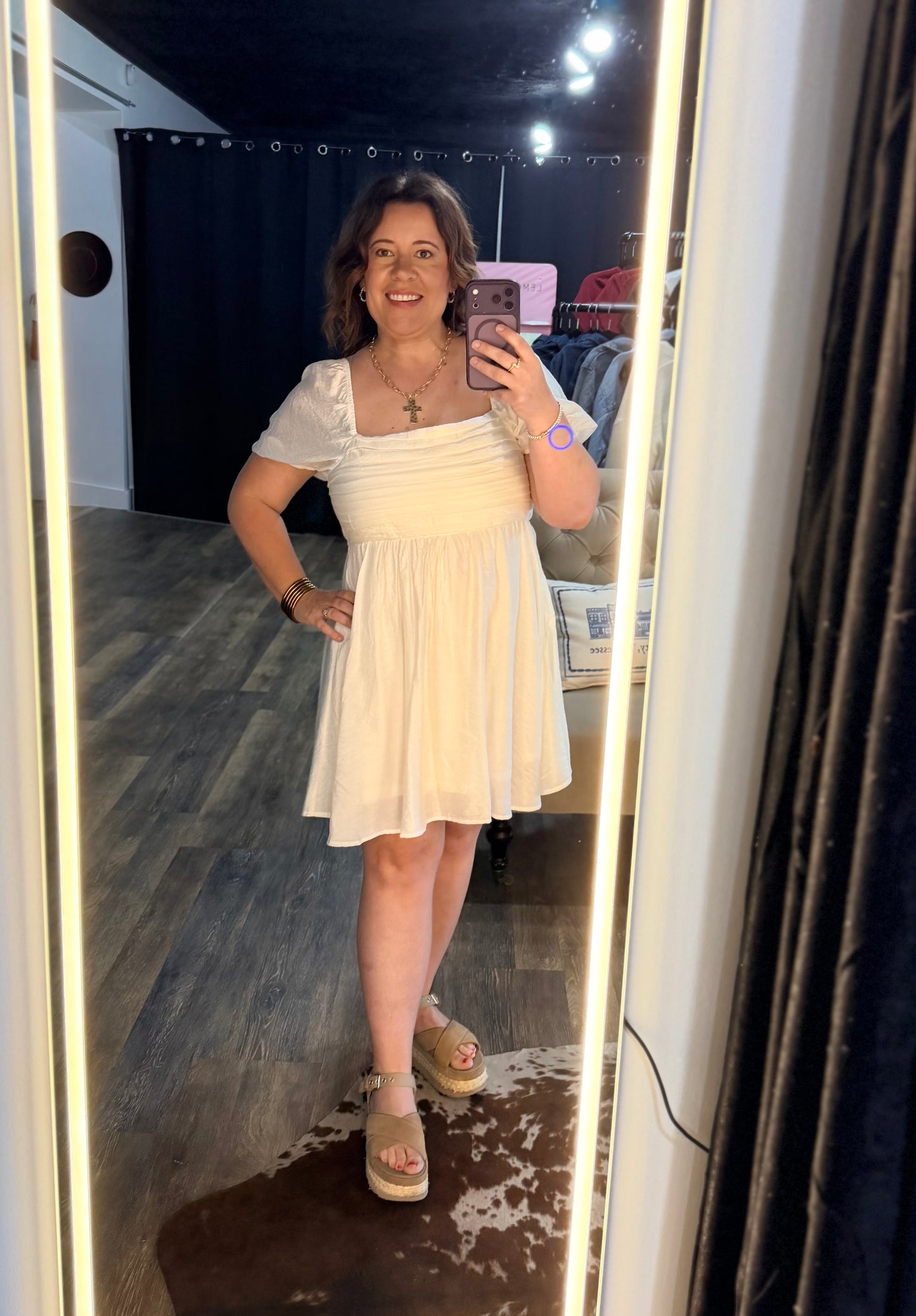 Pleated off white short dress