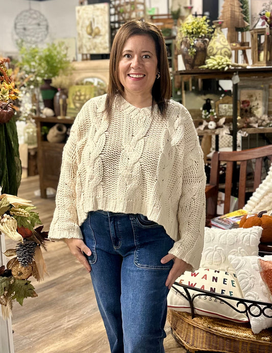 V Neck Cable Knit Oversized Sweater