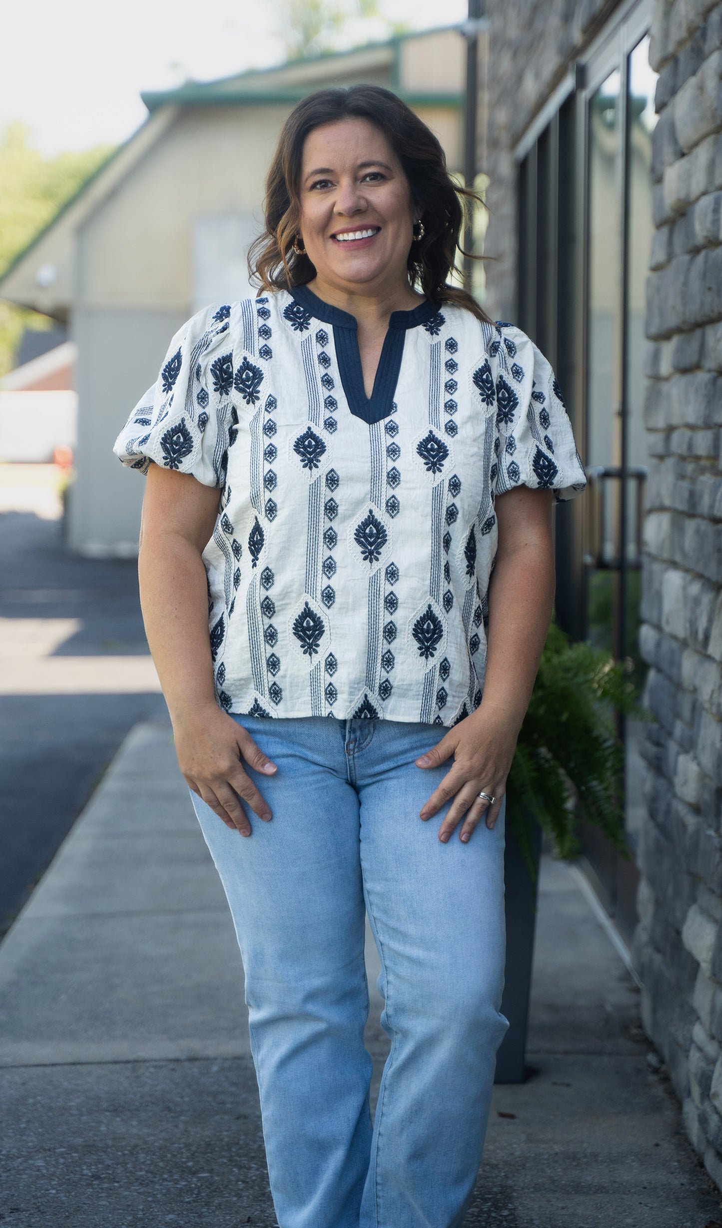 Midnight Magnolia Embroidered Puff Sleeve Blouse