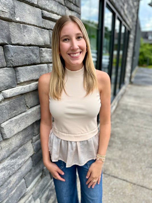 Mock Neck Sleeveless Twofer Tank Top