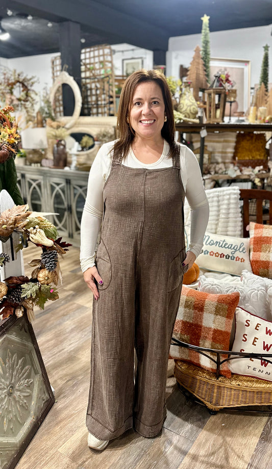 Double Gauze Washed Wide Leg Overalls