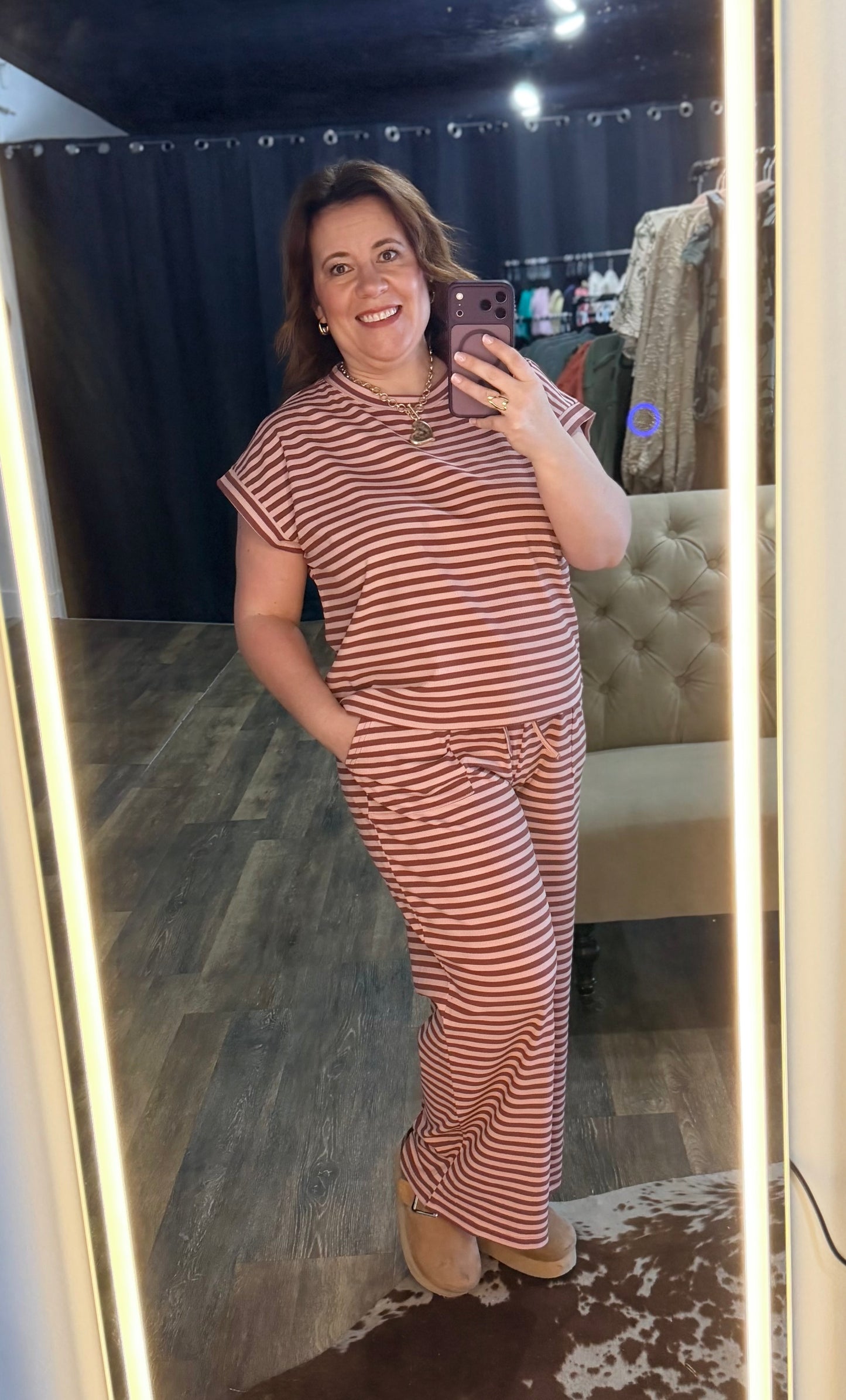 Striped Rib Top And Pants Lounge Set