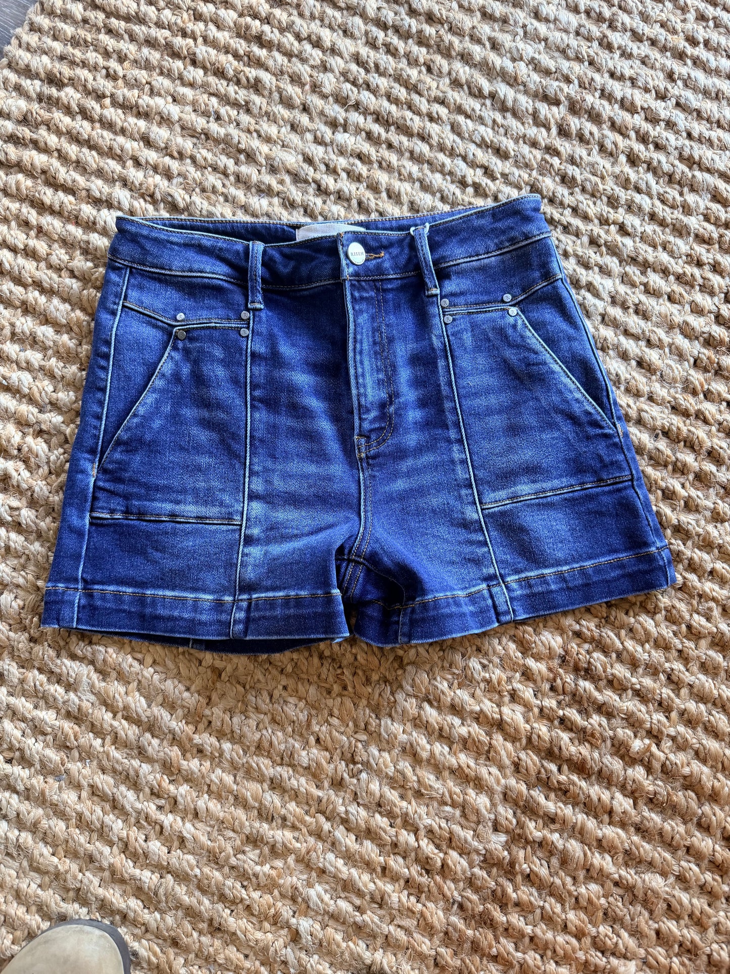 High rise dark front pocket shorts
