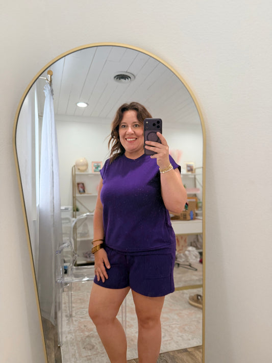 Purple french terry short set with pockets