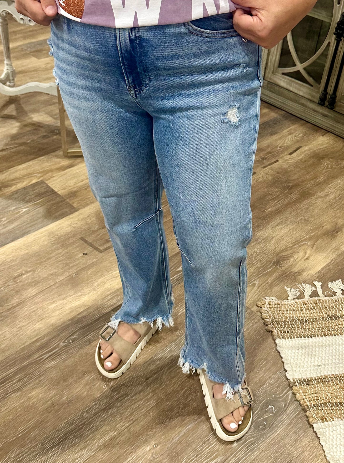 High Rise-Crop Straight-Distressed Hem Jeans