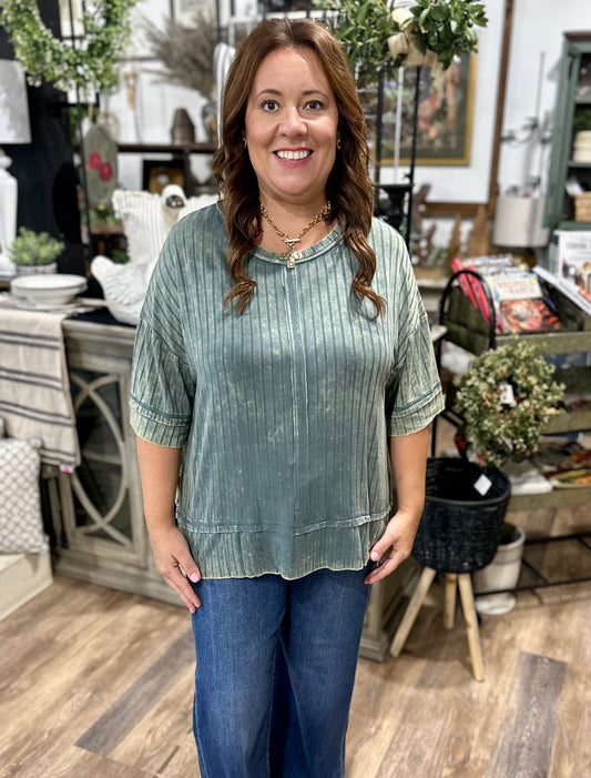 Ribbed Drop Shoulder Half Sleeve Boat-neck Top