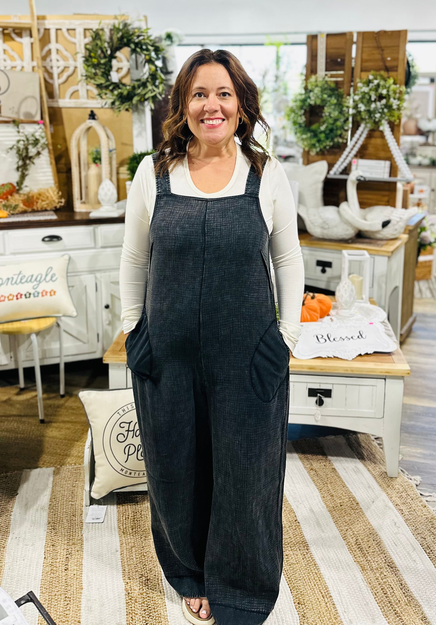 Double Gauze Washed Wide Leg Overalls
