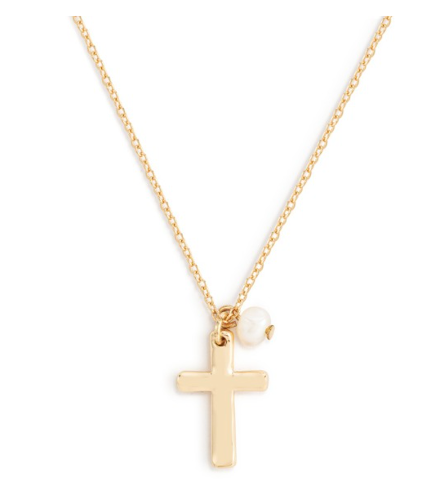 gold cross necklace with pearl accent