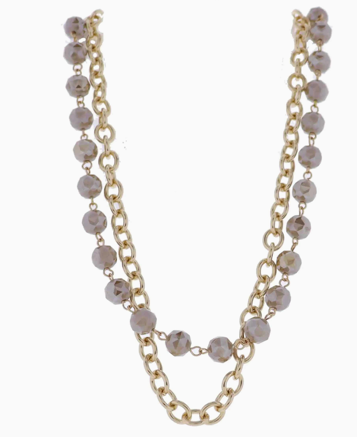 2 Strand Gold Chain Cross "O" & Greige Beaded Necklace