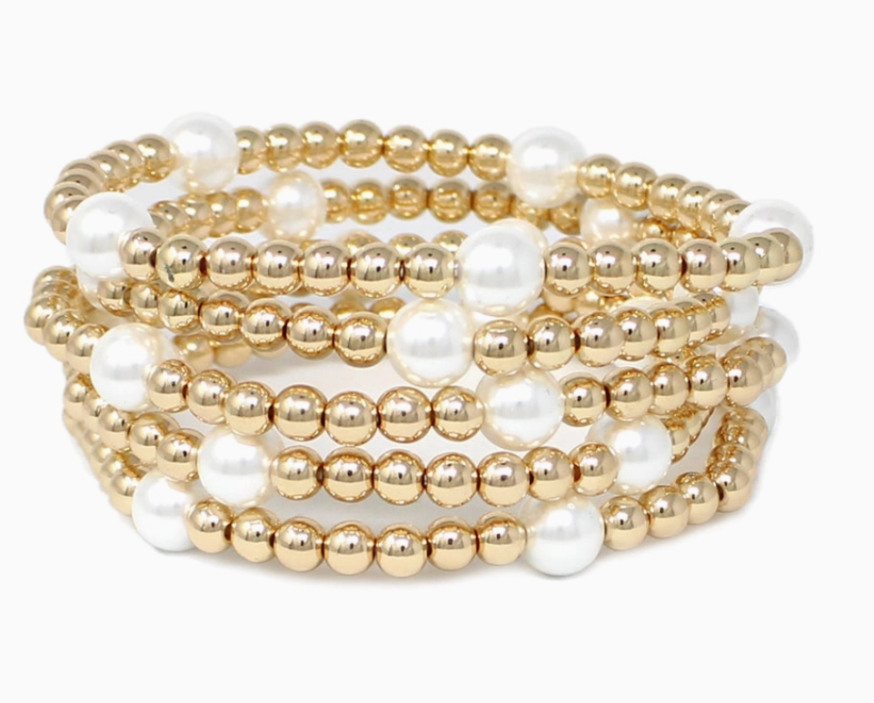 Set of 5 Gold Beaded and Pearl Stretch Bracelets
