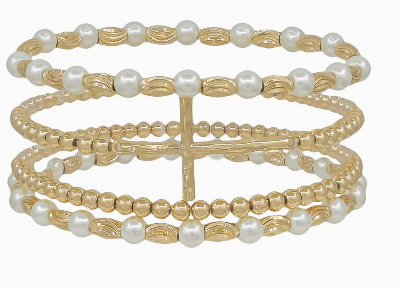 Pearl & Gold Cross with 4 Bracelets