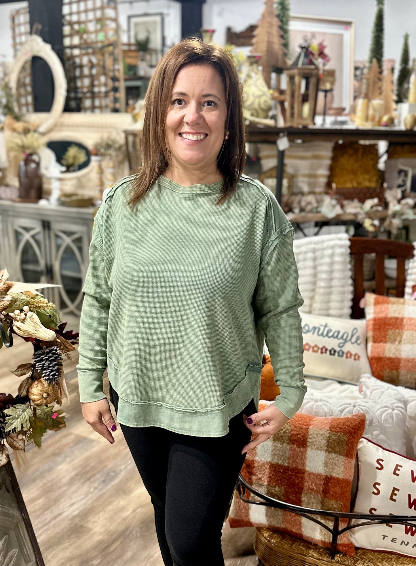 Mineral Washed Elbow Patch Contrast Knit Top