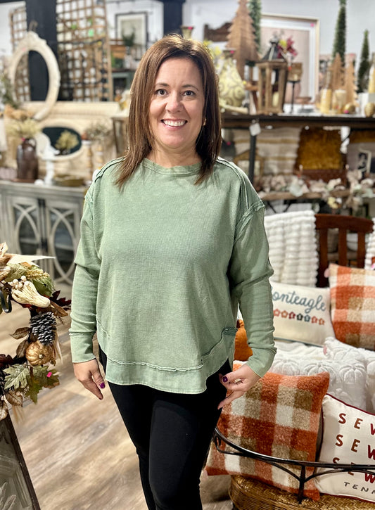 Mineral Washed Elbow Patch Contrast Knit Top