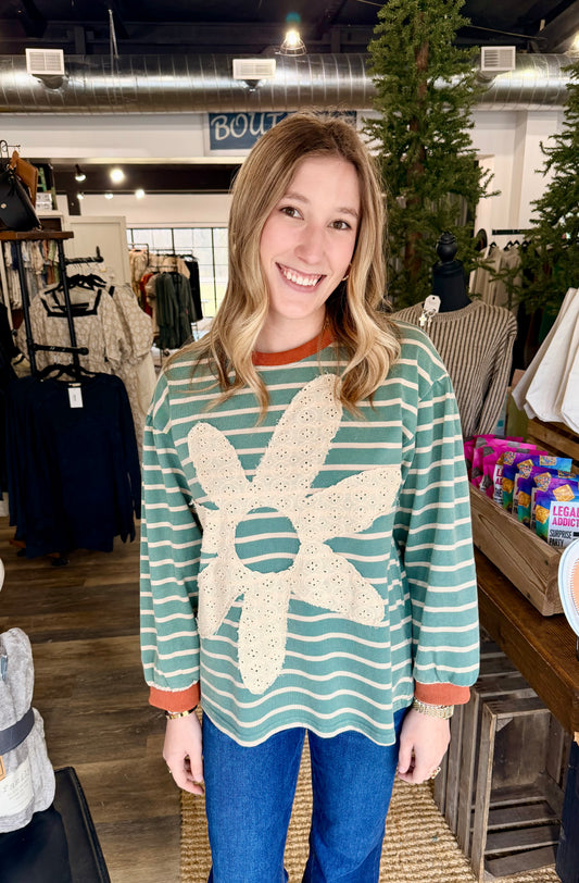 Eyelet Floral Patched Stripe Top