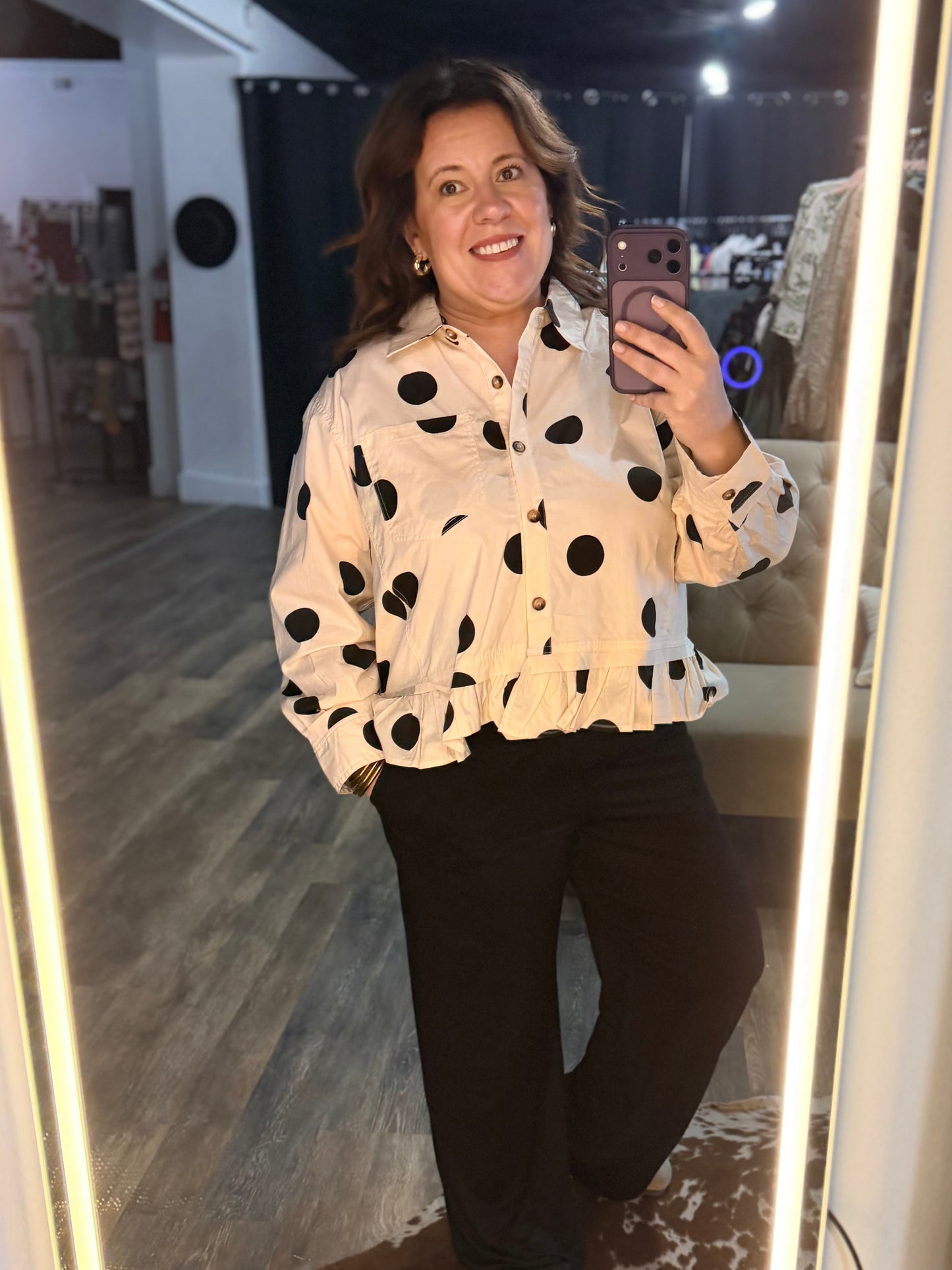 Polka Dot Ruffle Hem Long Sleeve Shirt