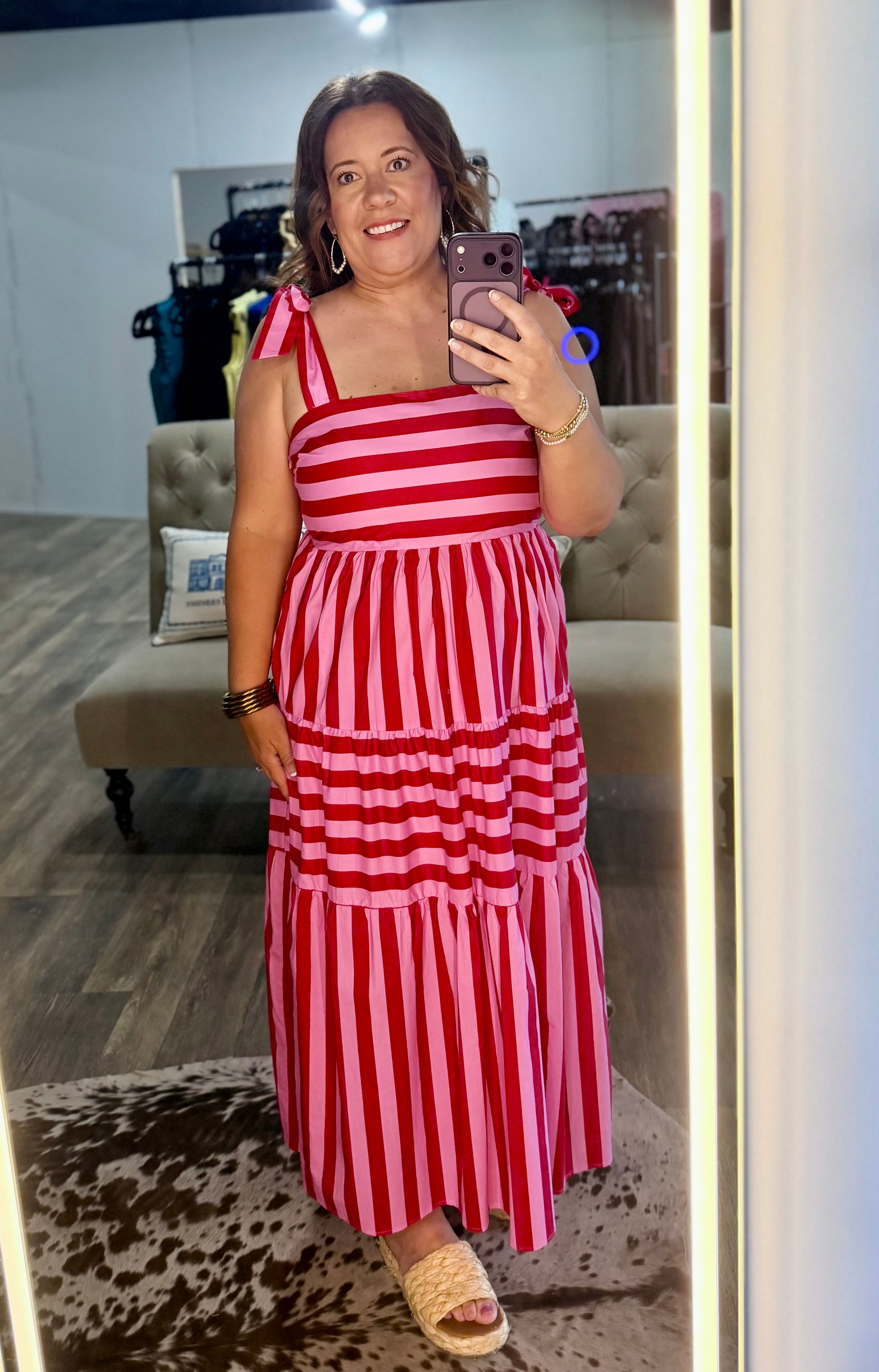 Pink and red striped dress with tie straps