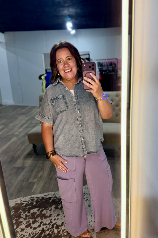 Mineral Washed Chambray Oversized Shirt Top