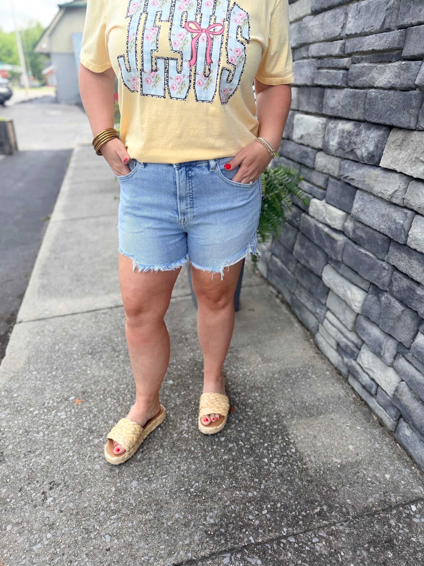 High Rise Side Step Hem Shorts