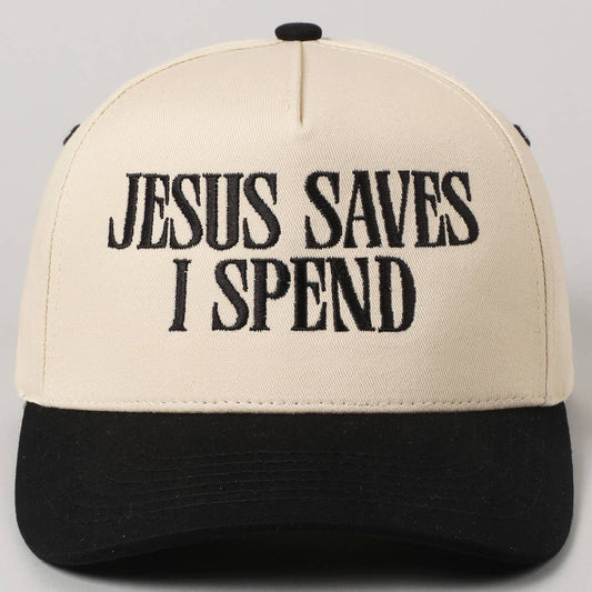 JESUS SAVES I SPEND Embroidery Trucker Hat: Black / ONE SIZE