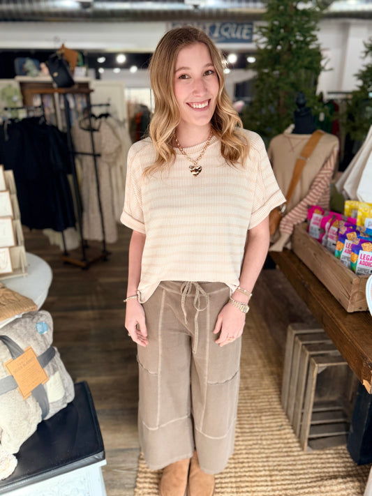 Raised Rib Striped Exposed Seam Top