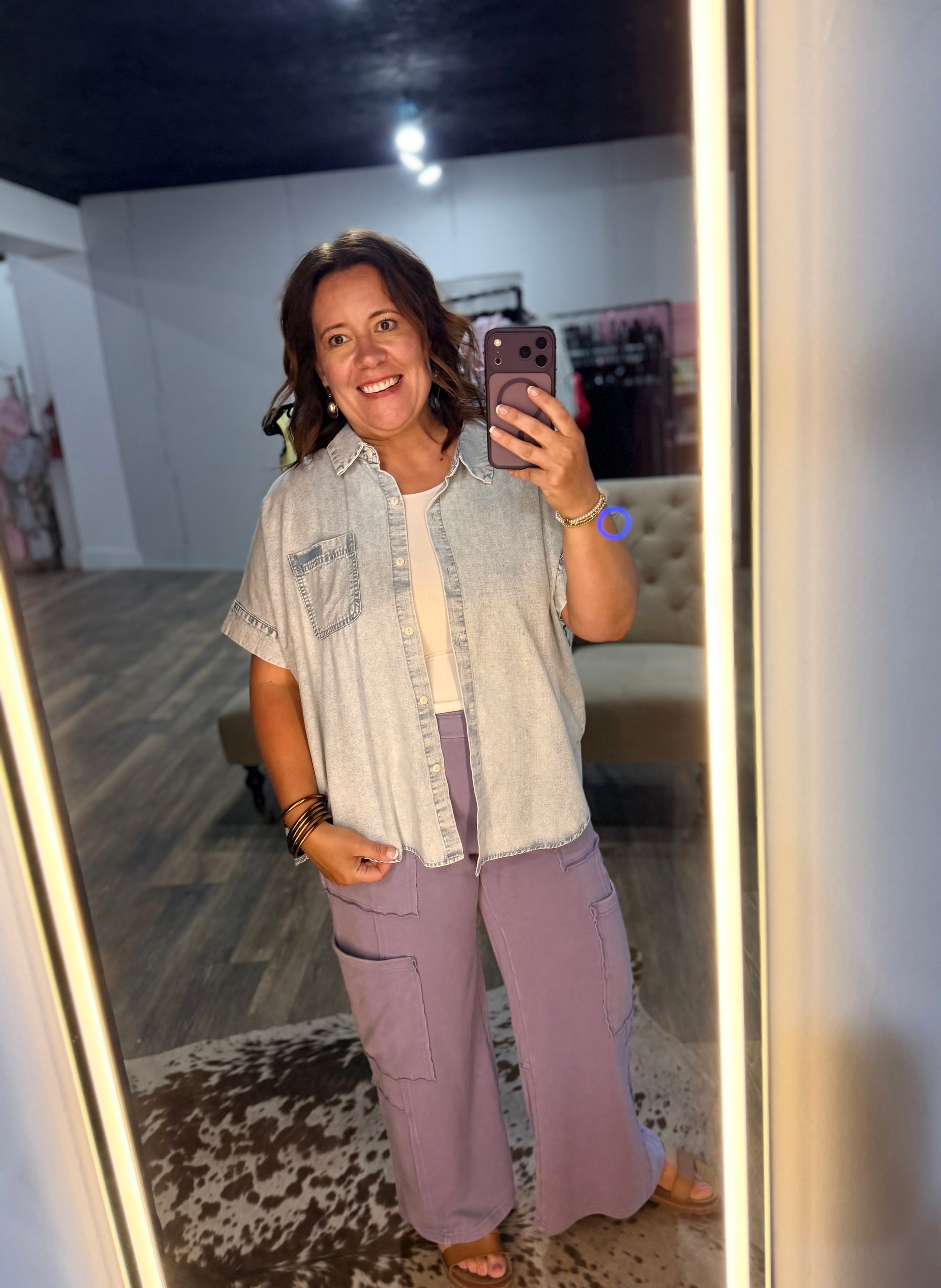 Light wash button down denim top