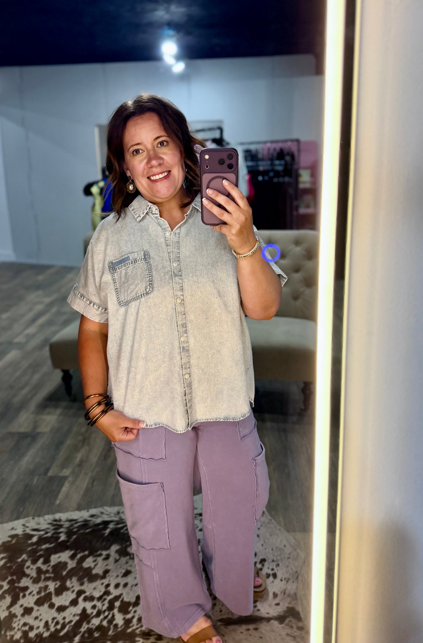 Mineral Washed Chambray Oversized Shirt Top