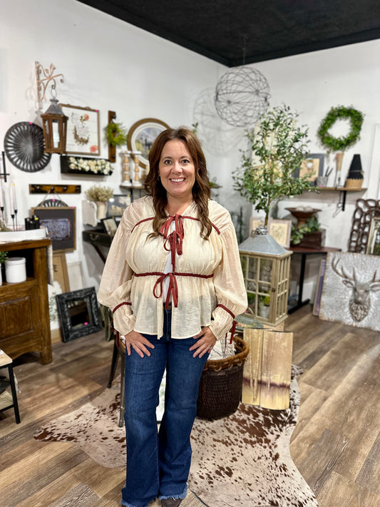 Contrast Trim Ribbon Tie Blouse