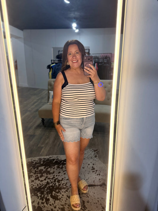 Crochet Sleeve Striped Knit Tank Top