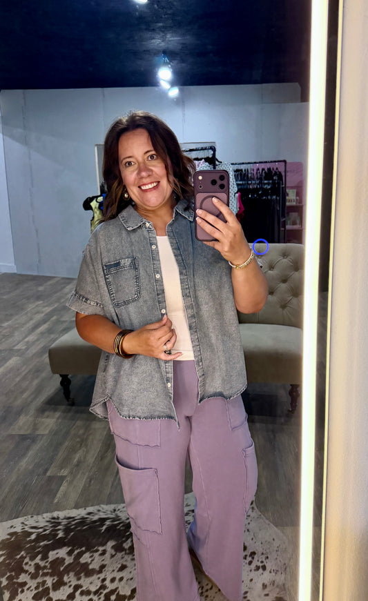 Mineral Washed Chambray Oversized Shirt Top