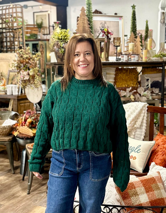 Textured Crew Neck Cable Knit Sweater