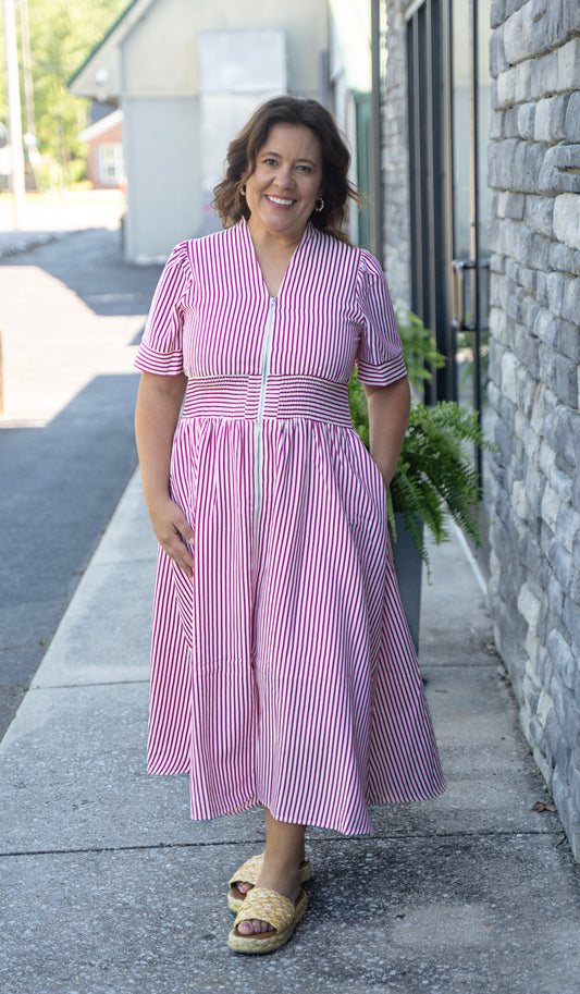 Americana Belle Striped Smocked Midi Dress with Pockets
