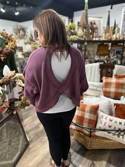 Chic Open Back Textured Knit Long Sleeve Top