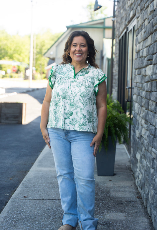Garden Toile Ruffle Sleeve Top