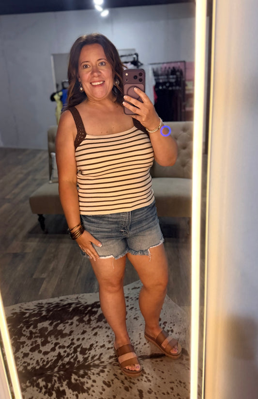 Crochet Sleeve Striped Knit Tank Top