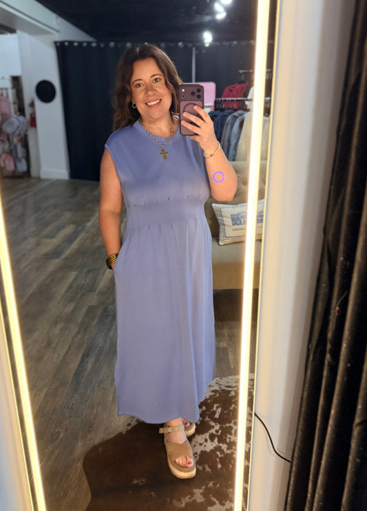 Scuba gathered waist blue dress with cap sleeves
