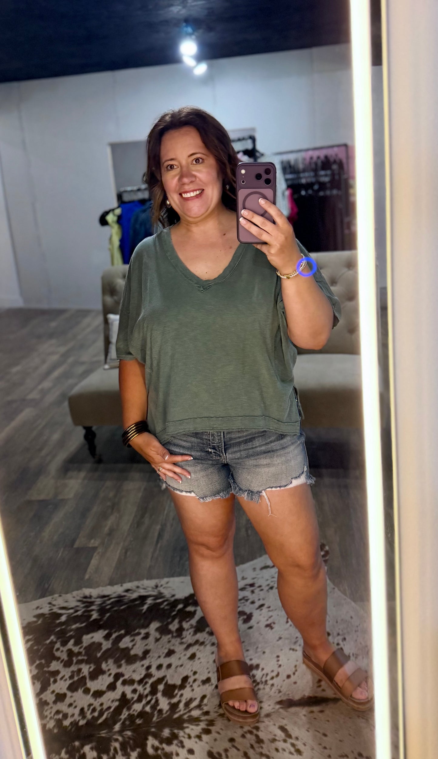 Olive Cropped V Neck shirt 