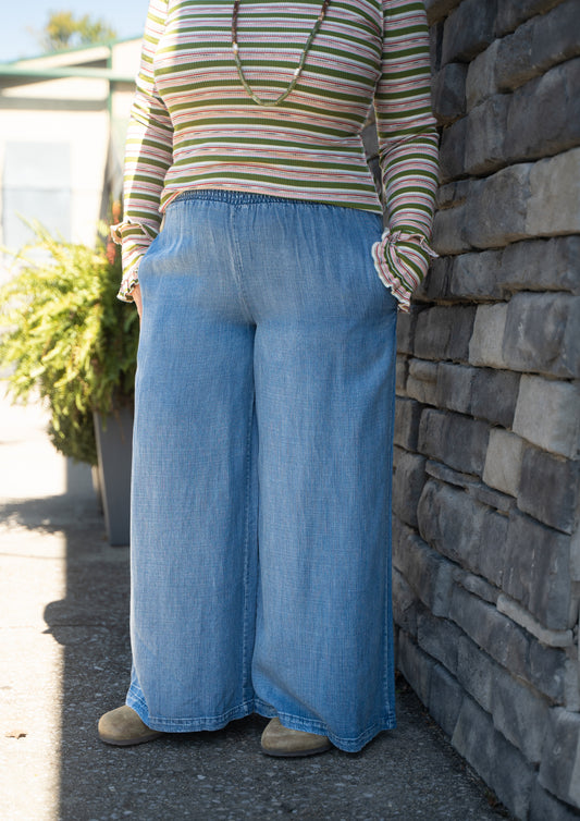 Smocked Waist Chambray Denim Pants
