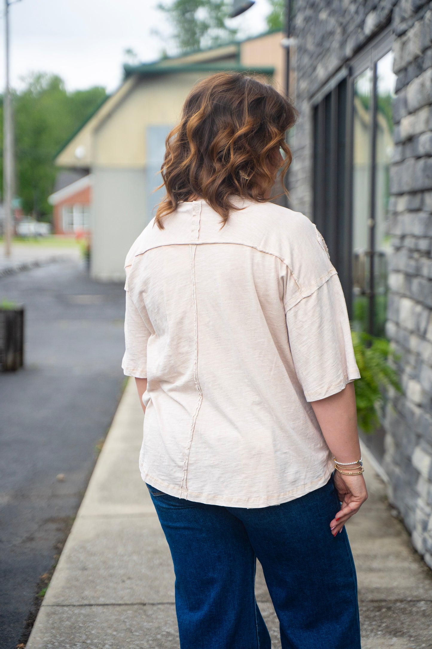 Bow Patchwork Eyelet Washed Short Sleeve Top