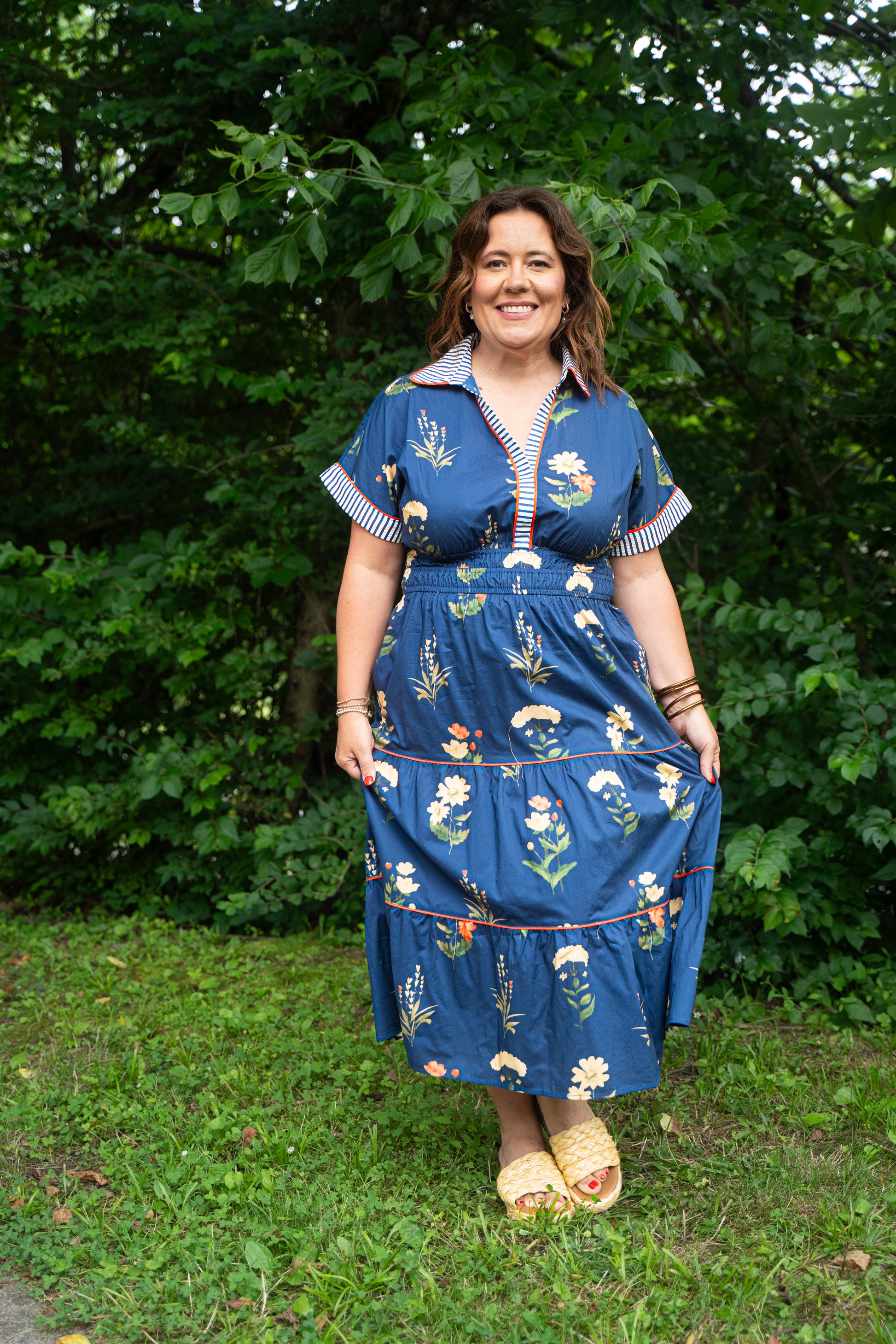 navy floral maxi dress with short sleeves