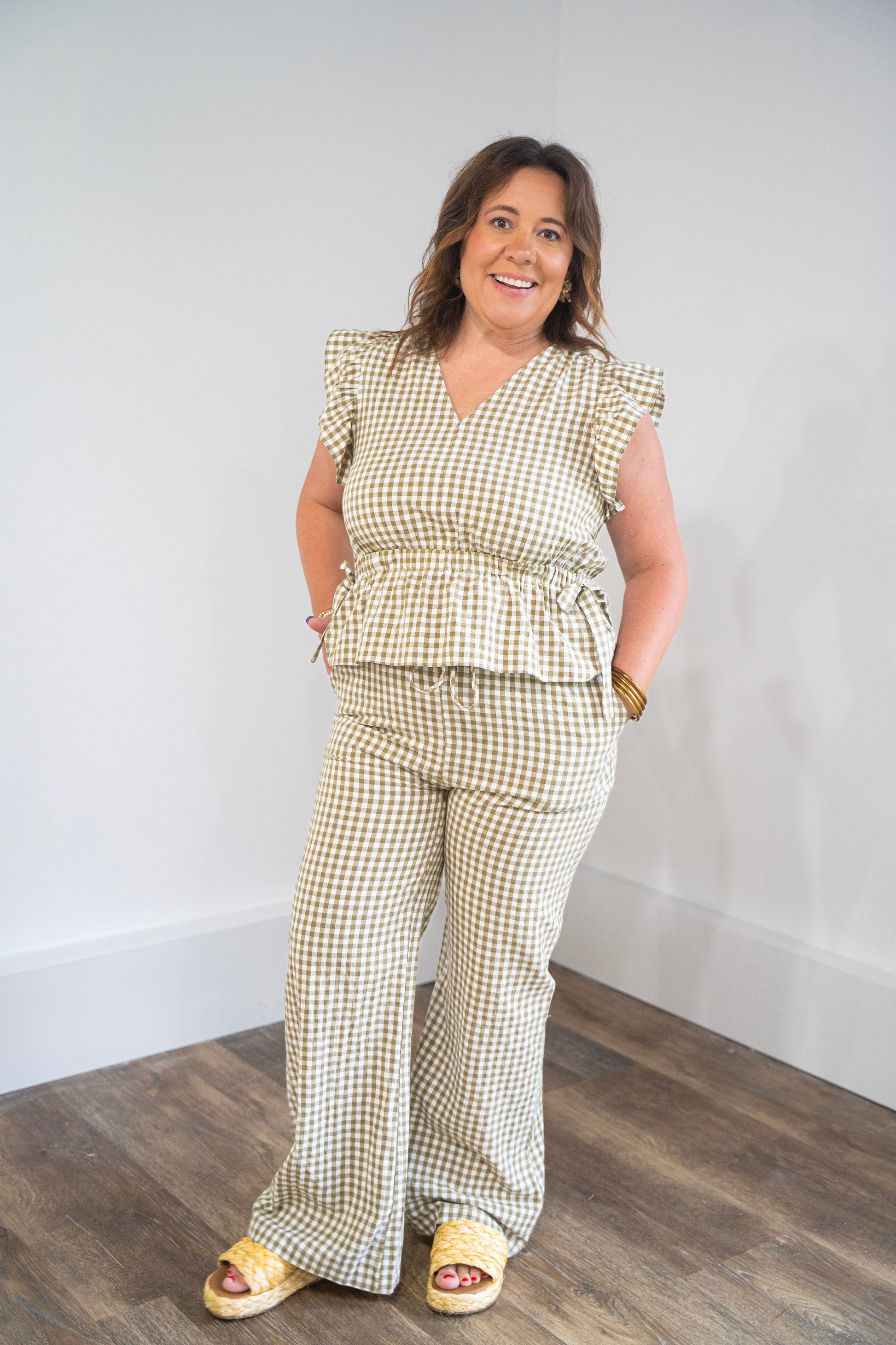 set, gingham, ruffled sleeve, pants