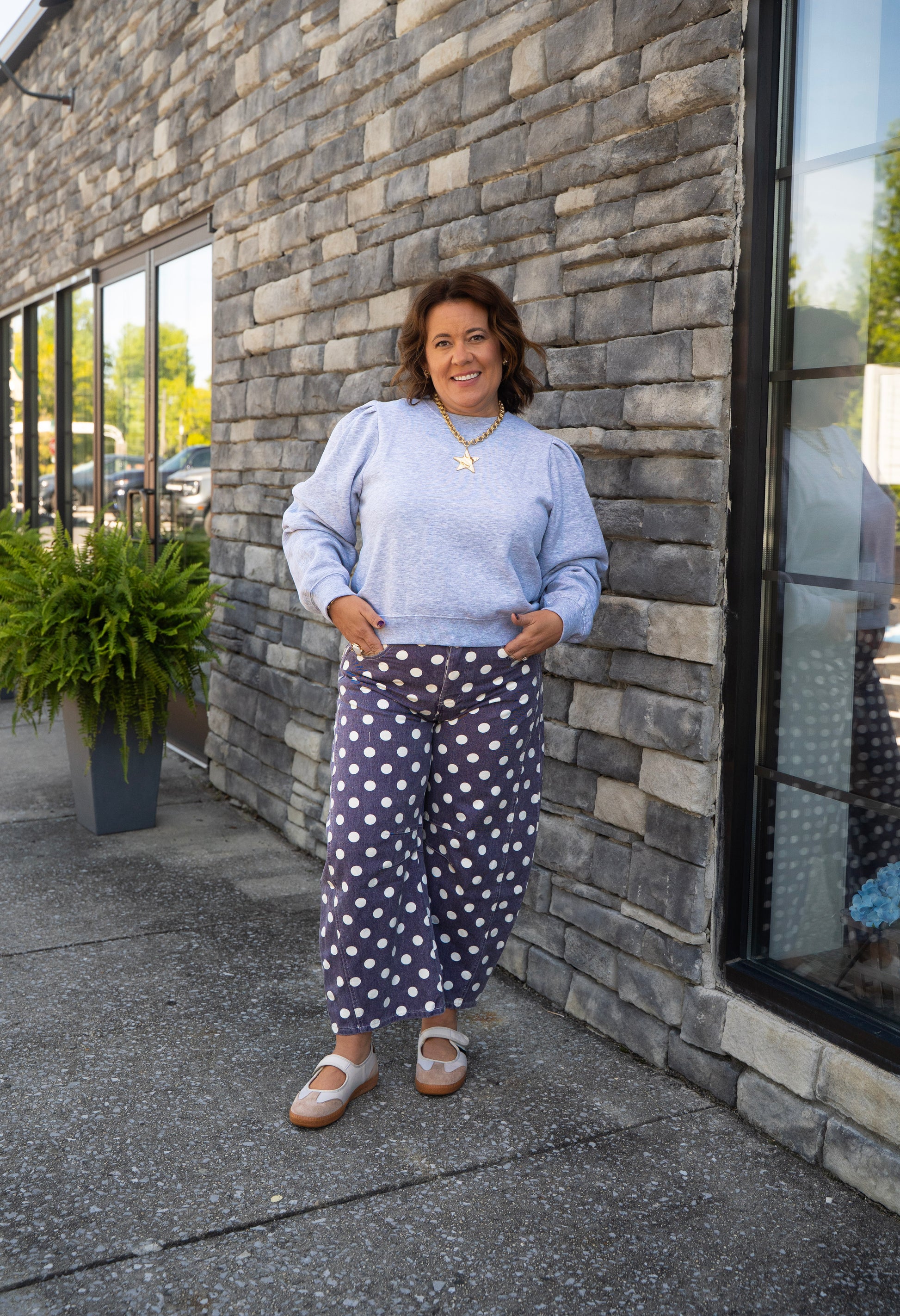 purple polkadot pants barrel jeans