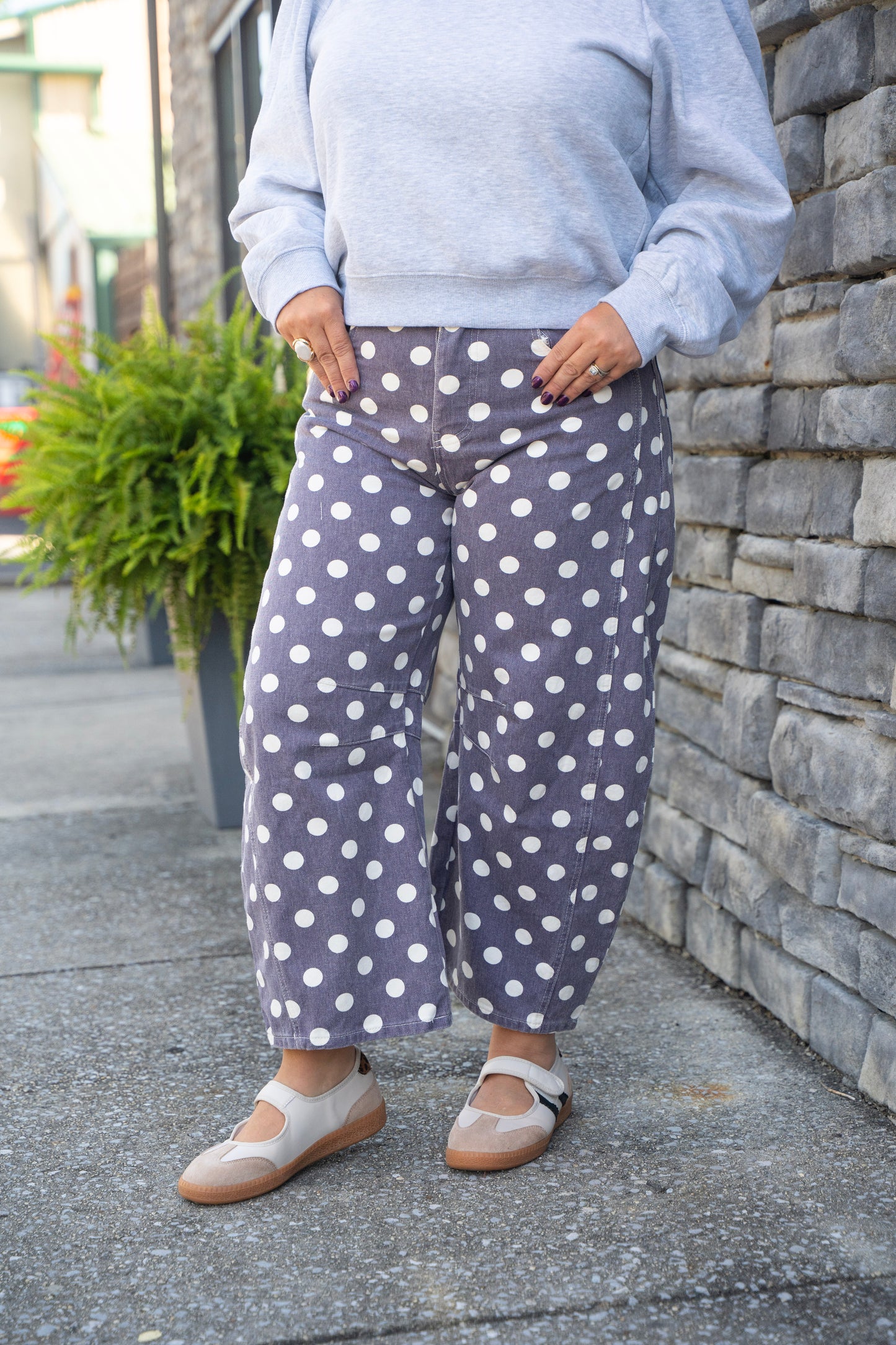purple polkadot pants barrel jeans