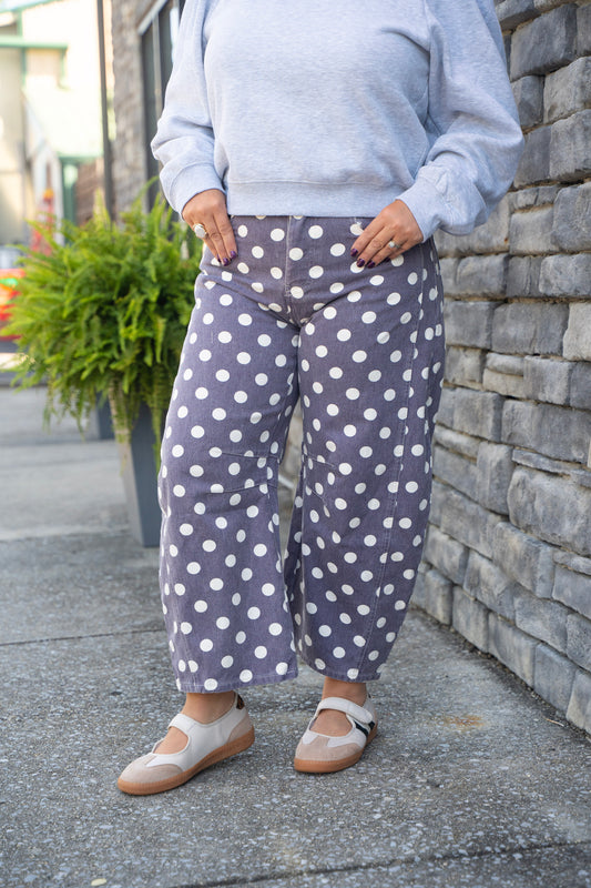 purple polkadot pants barrel jeans